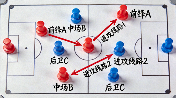 战术分析板上标注球员站位与进攻线路的示意图